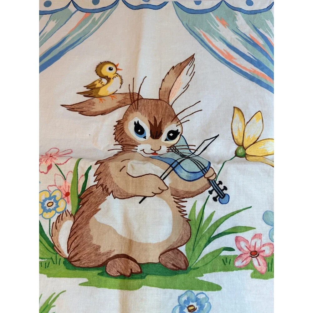 Vintage Style Bunny Rabbit Quilt Top Panel Playing Violin Linen Cotton Blanket